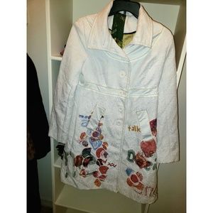 Desigual White  flower embroidered European Coat